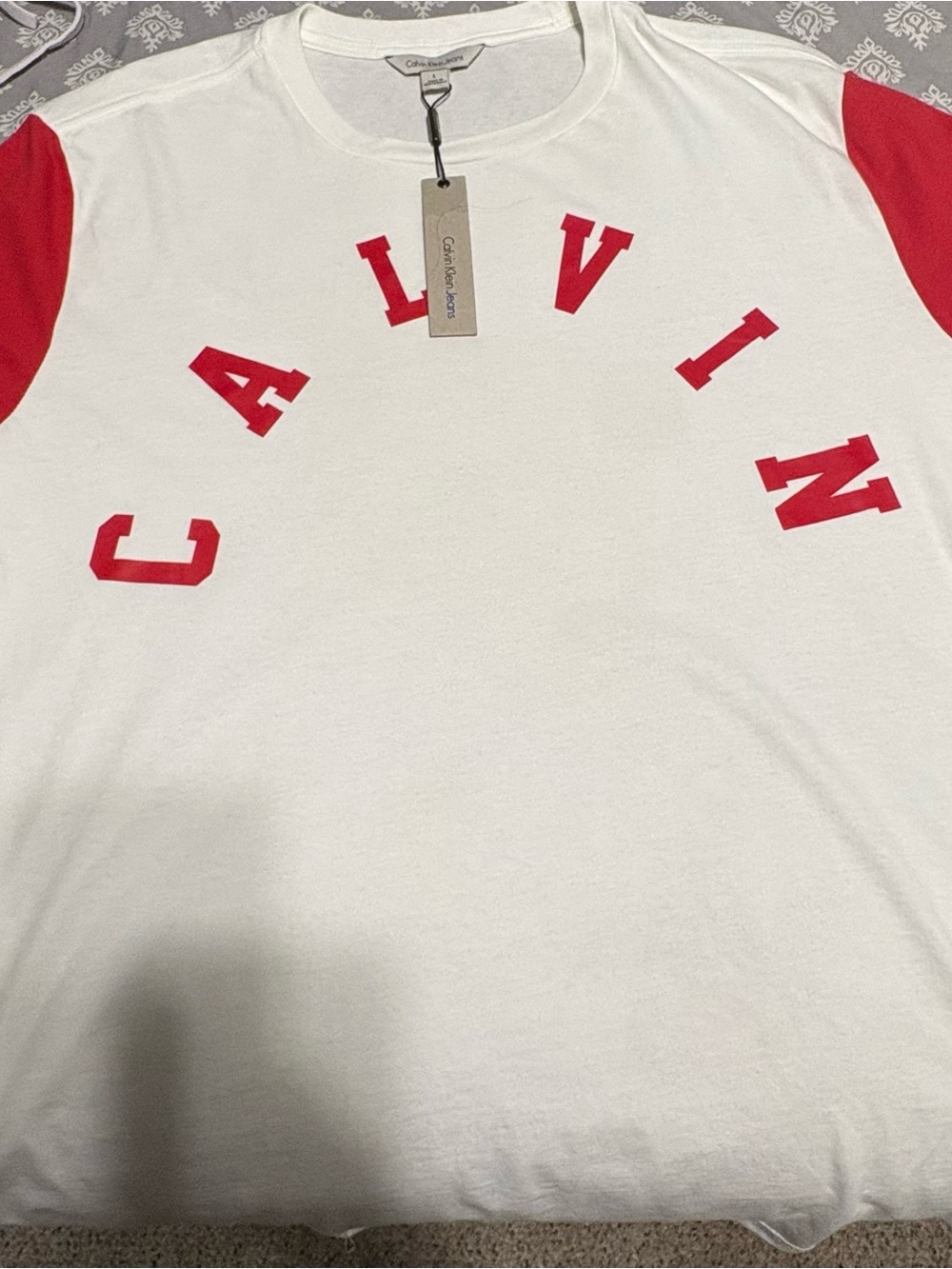 Men’s Calvin Klein Jeans White Tee with Red Logo and Sleeves
